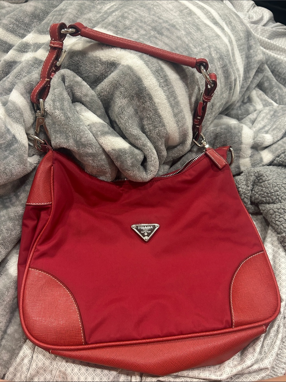 Prada Red Nylon and Leather Hobo Shoulder Bag